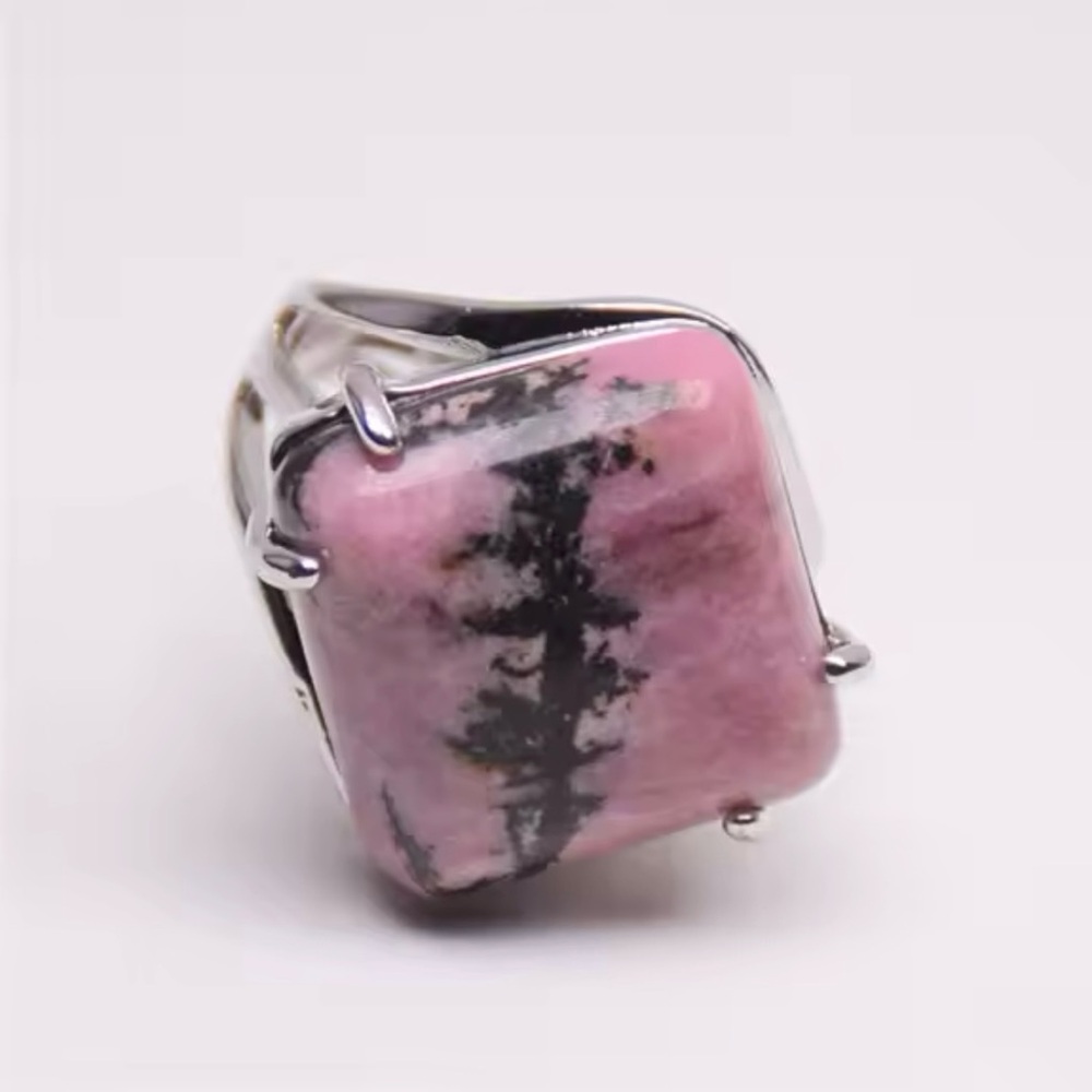 Light Pink Rhodinite Diamond Shape Medium Size Adjustable Silver Ring!